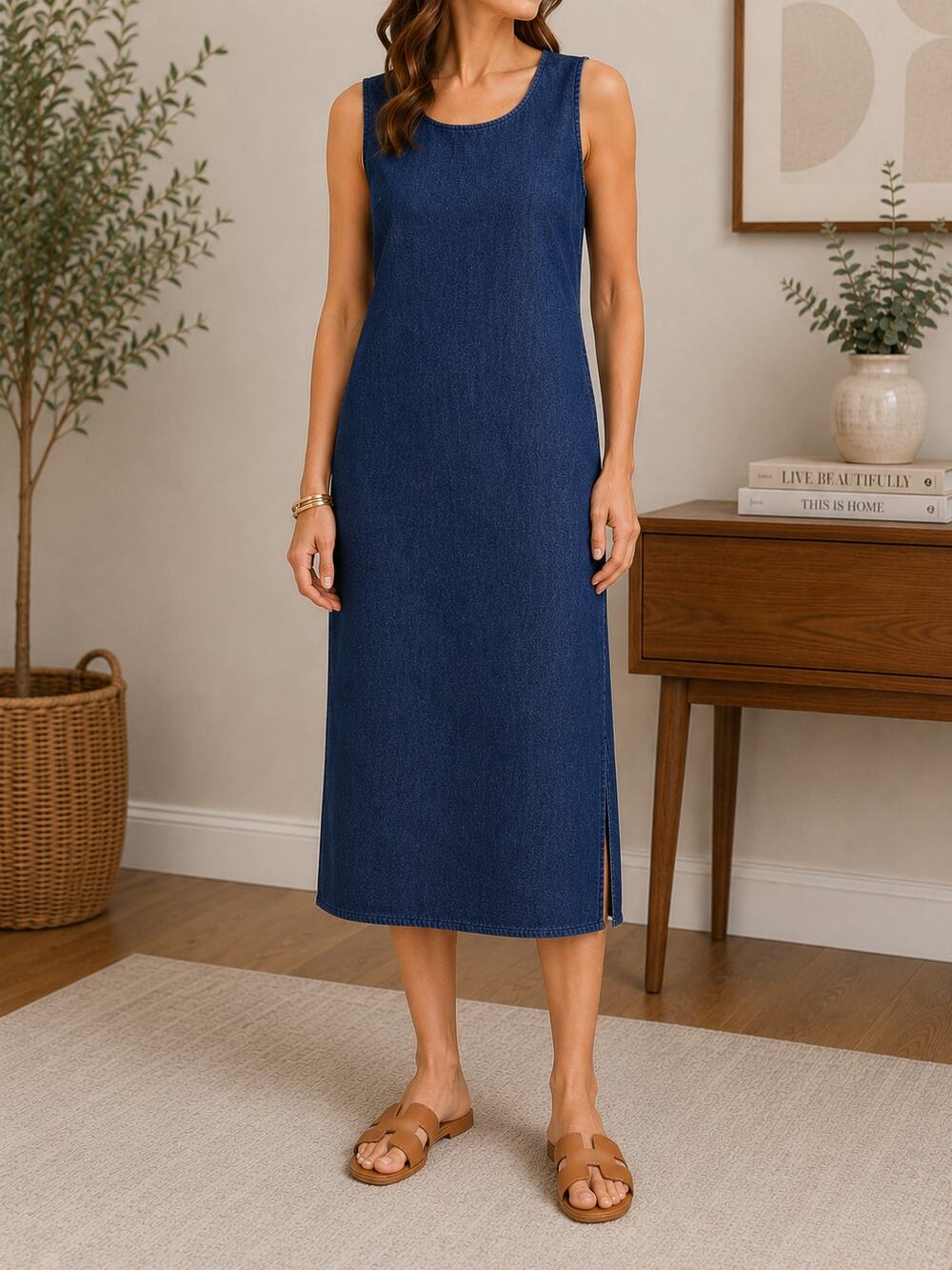 Talbots Denim Midi Dress Size 8P Blue Scoop Neck Slits Vintage 90s Teacher